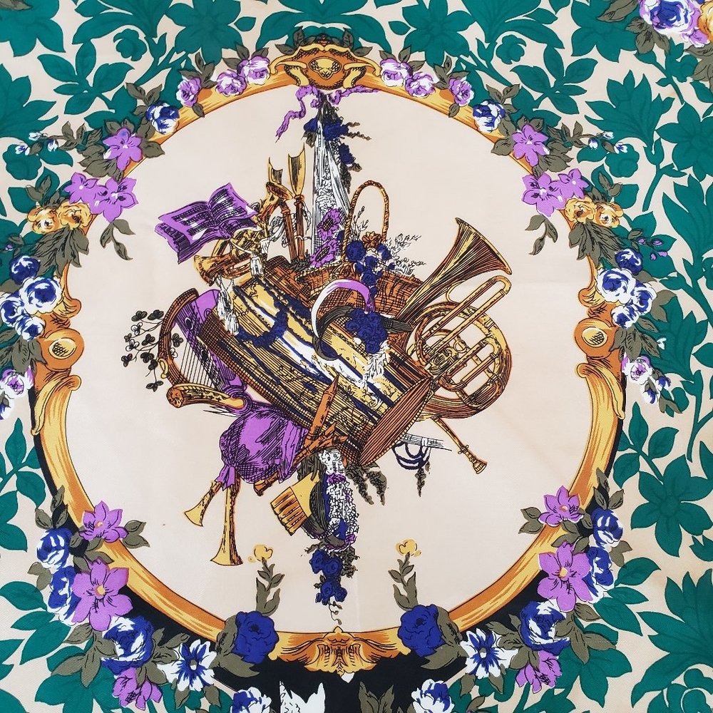 Vintage Musical Instruments & Vivid Floral Ornate Border Print Scarf-34x34